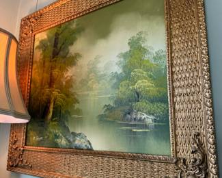 Framed River Landscape Oil Painting by R. Farr