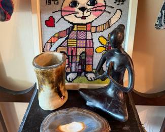 Framed Patchwork Cat Needlepoint, Meditating Woman Figurine, Polished Agate Trinket Dish