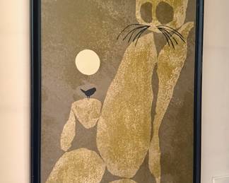 Framed Mid Century "Piaf" Cat Print by L. A. Korneman