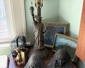 Black Marble Arch Bookends, Bronze Native American Head Bookends, Bronze Tone Statue of Liberty Table Lamp
