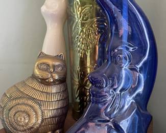 Mid Century Etched Brass Cat Figurine, Cobalt Blue Smiling Moon Glass Bottle