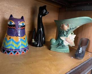 Laurel Burch Cat Shaped Votive Candle Holder, Ceramic Black Cat Pen Holder, Roseville Pottery Blue Magnolia Cornucopia Vase