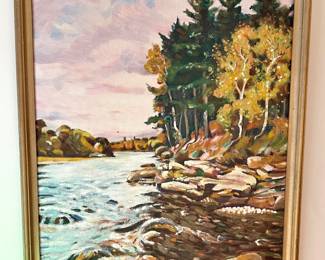 Framed Tree Lined Stream Acrylic Painting