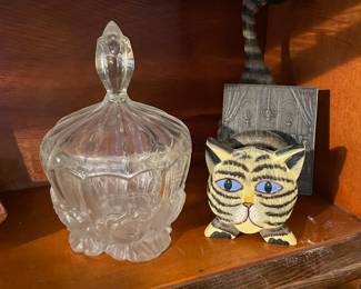 Frosted Satin Roses Crystal Lidded Candy Bowl, Striped Cat Letter Holder