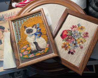 Framed Siamese Cat Crewel Embroidery, Framed Floral Bouquet Needlepoint