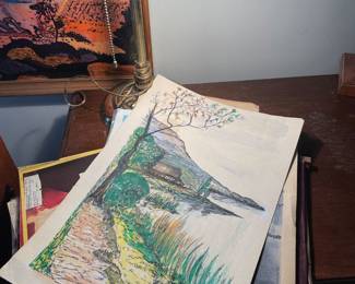 Serened Landscape Watercolor, Circa 1930s Green Glass Bankers Desk Lamp