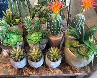 An array of artificial succulents and other house plants and trees 
