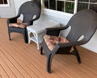 Pair of Resin Wicker Design Adirondack Chairs, White Wicker Side Table