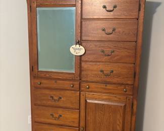 Oak Armoire with Mirrored Door, Drawers & Side Cabinet