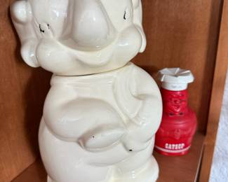 Ceramic Elephant Cookie Jar, 1950s Red/White Plastic Chef Catsup Bottle
