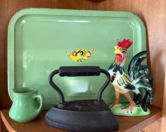 MCM Green Painted "Woman in Hat" Metal Serving Tray, Green Stoneware Creamer Pitcher, Cast Iron Sad Iron, Ceramic Rooster Figurine