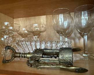 Set of 10 Starburst Etched Champagne/Sherbet Glasses, Italian Style Corkscrew