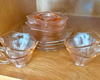 Pink Depression Octagon Snack Plates, Teacups & Saucers