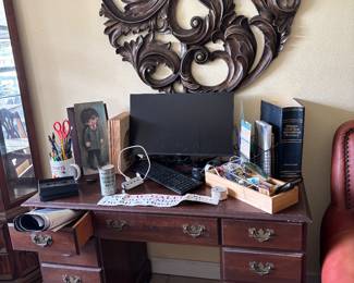 Solid wood desk, monitor, wall decor