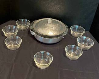 Pyrex Casserole Dish in Decorative Aluminum Carrier 7 Small Pyrex Serving Bowls
