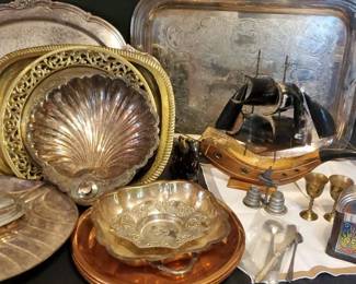 Vintage Red Riding Hood Silverware, Silver Plated Trays Shell Clipper Ship, Brown Glass Collectibles