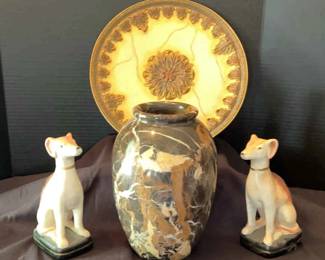 Marble Vase, Marble Look Plate, Dog Figurines