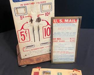 Vintage US Postage Stamp Vending Machine, Small USPS Sign, Small Stamp Collection
