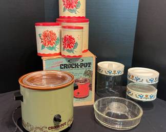 Vintage Rival Crockpot, Pyrex Stackable Storage Jars, Nesting Tins, Queen Anne Bundt Dish