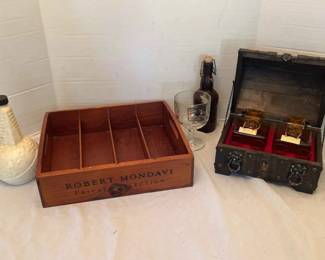 Vintage Decanter Set, Wine box, and other glassware