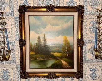 Ornate Framed Oil Painting W Gold Guilded and Crystal Sconces