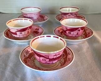 Vintage Pink Tea Set Of 5 With Cups And Bowls Schoolhouse Pattern