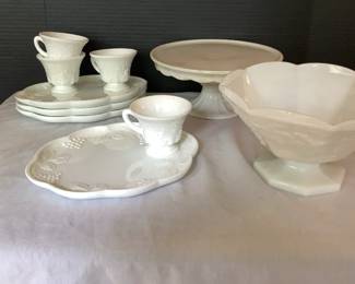 Milk glass Platters W Cups, Bowl Cake platter