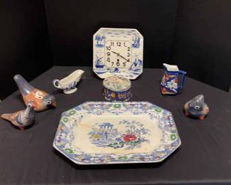 Shenango Small Gravy Boat, Wall Clock and Other Blue White Decor