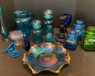 Vintage Blue Glassware Carnival Glass, Cobalt Blue, Crackle, More