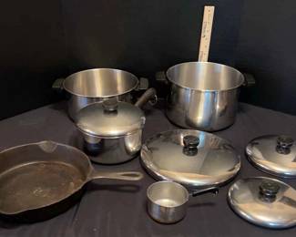 Revere Ware and iron skillet.