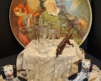 Falstaff Tray, Mugs Vintage Dog Statues