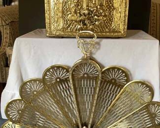 Vintage Embossed Brass Coal Box Antique Brass Peacock Fan Fire Screen