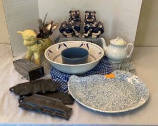 Vintage Blue White Foo Dogs, Yellow Lamp Planter, John Wright Cast Iron Cookie Molds, Bowl Plate