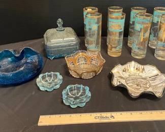 Vintage Gold Blue Libbey Riverboat Barware Ashtrays, Crackle Glass More