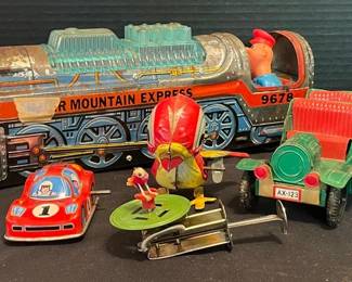 Vintage Tin Toys Cars 1 Silver Mountain Express Train, Mikuni WindUp Bird, More