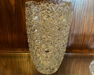Cut Crystal Vase 14 1/2" Tall Artist Signed, Buttons Daisies Sawtooth Rim