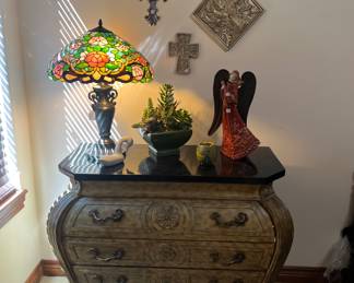 Possum belly three drawer chest, assortment of wall crosses