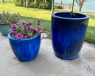 Round, medium, and tall, blue planters