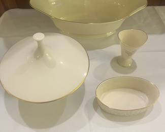 Lennox, China, ivory and gold mid-century modern bowl, small vase, soap, dish, and pedestal candy dish