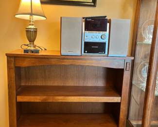 Mission style bookcase, Panasonic AM/FM five CD, speakers and remote