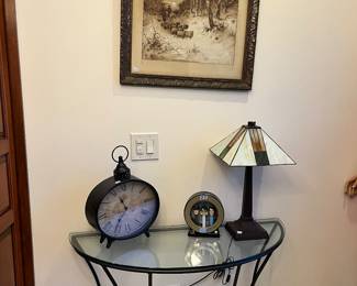 Glass and iron hall table, Large table clock
