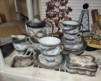 Vintage Japanese dragon porcelain snack set
