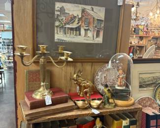 Vintage books for decorating or reading, brass candlestick, framed art, figurines, vintage brass.