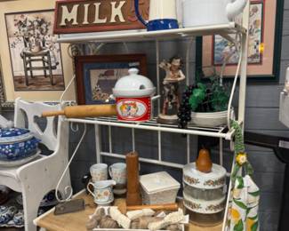 rolling pin, spice of life caninsters, old milk sign, white enamel tea pot