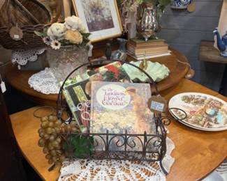 cook books, coffee table books old plates, pitcher