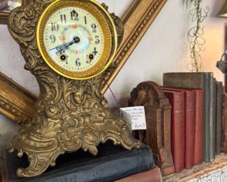 vintage clock, old books, old gold frame