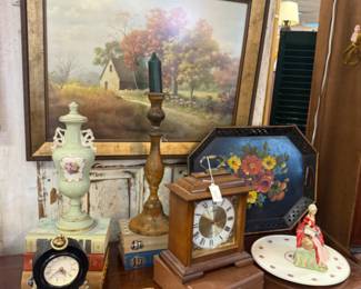 Vintage vases, painted tole tray, vintage clocks, 