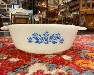 Anchor Hocking Fire King casserole dish featuring the "Blue Cornflower" pattern. 