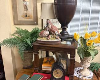 Old ledgers, vintage books, vintage clock, lamp and accessories. 