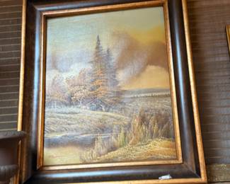 Beautiful landscape oil painting red barn with trees 